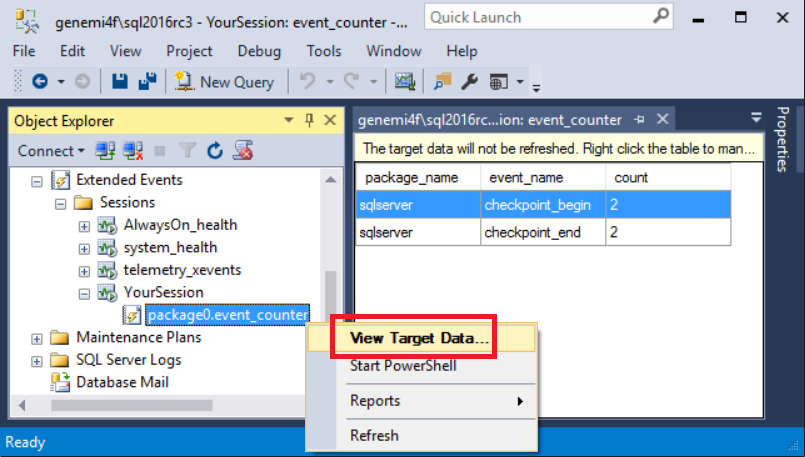 Screenshot of View Target Data, in SSMS, Management > Extended Events > Sessions > YourSession > package0.event_file, right-click.