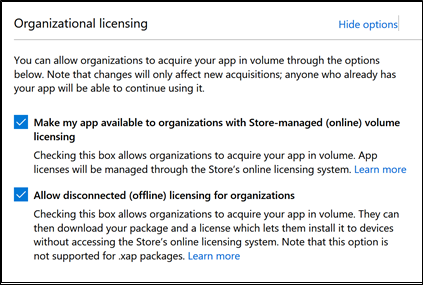 Image showing Organizational licensing page - part of Microsoft Store app submission process.