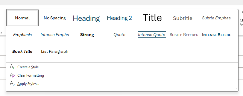Screenshot of the Styles drop-down menu in Outlook.