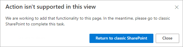 Screenshot of Action isn't supported in this view dialog.