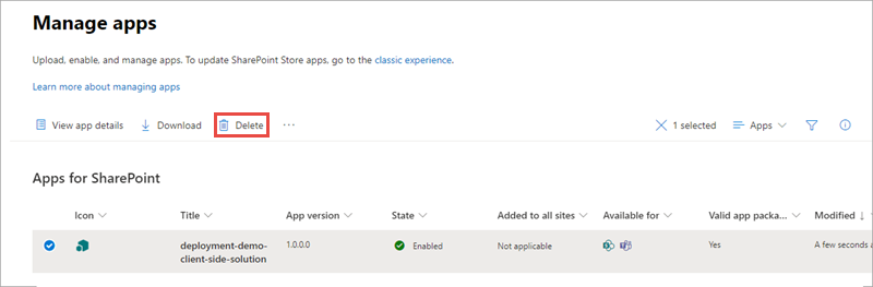 Screenshot of retracting the SharePoint app package.