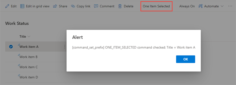 Screenshot of the command set One Item Selected button.