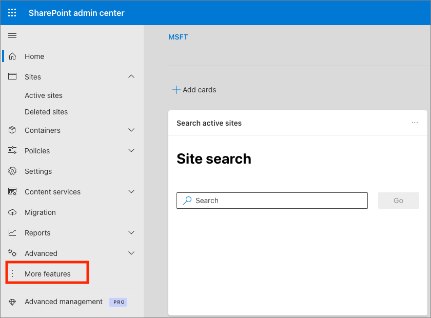 Screenshot of the SharePoint admin center.