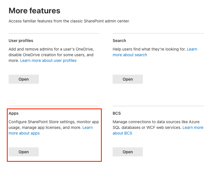 Screenshot of the SharePoint admin center - More Features.