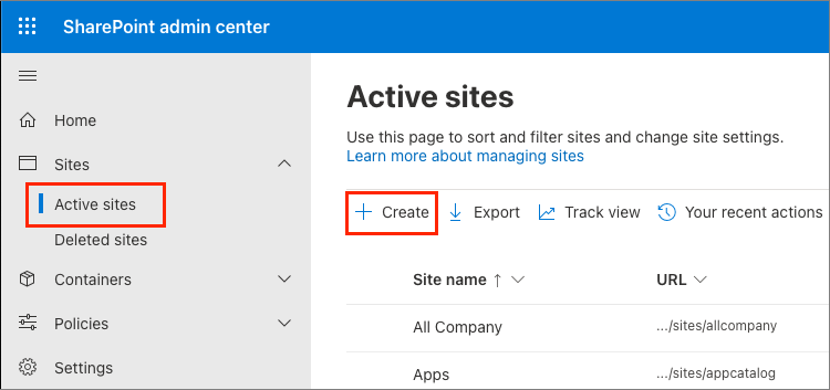 Screenshot of the Active sites list.
