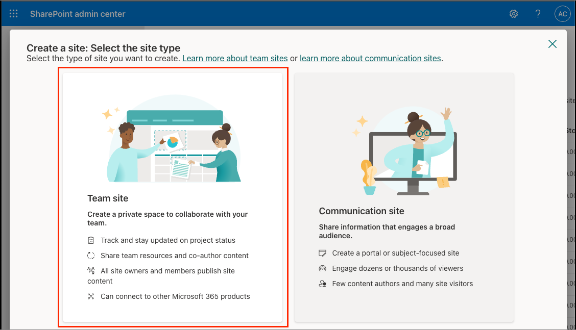 Screenshot of the Create a site panel.