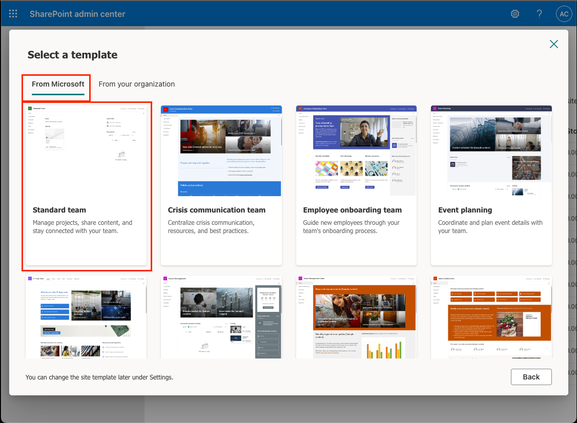 Screenshot of the Select a template panel.