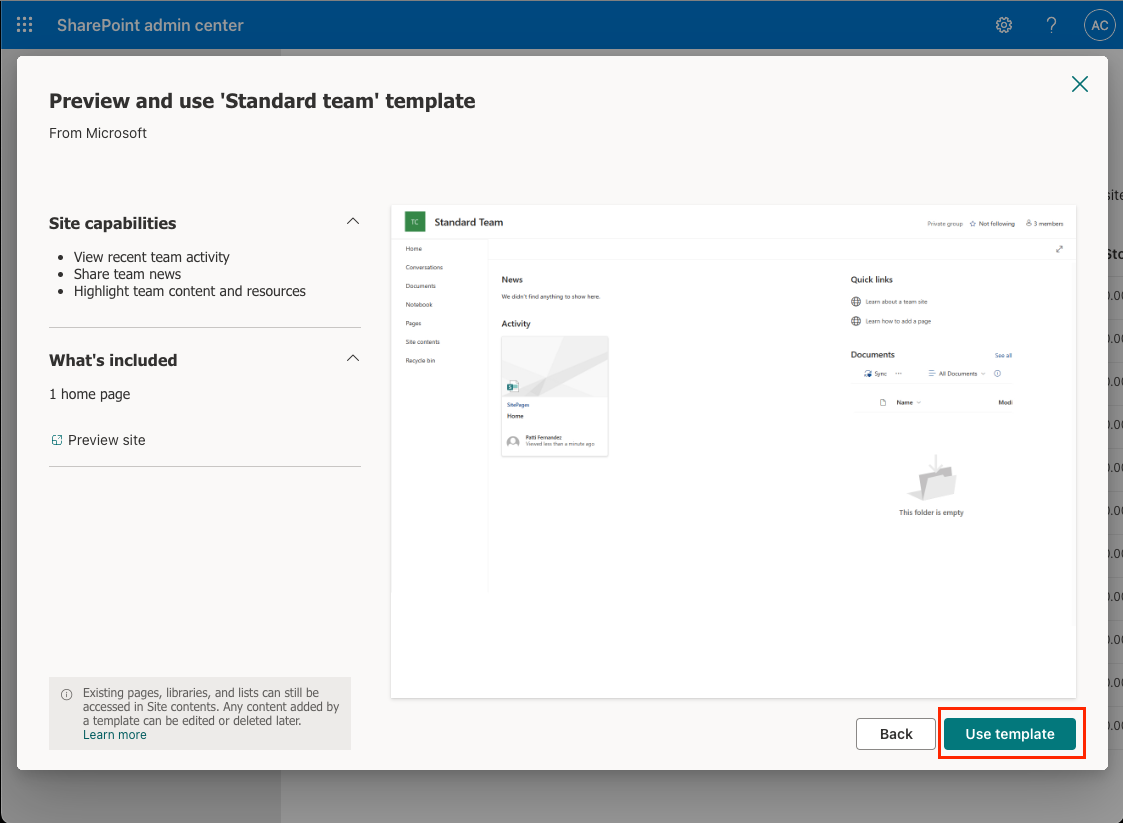 Screenshot of the Preview and use template panel.