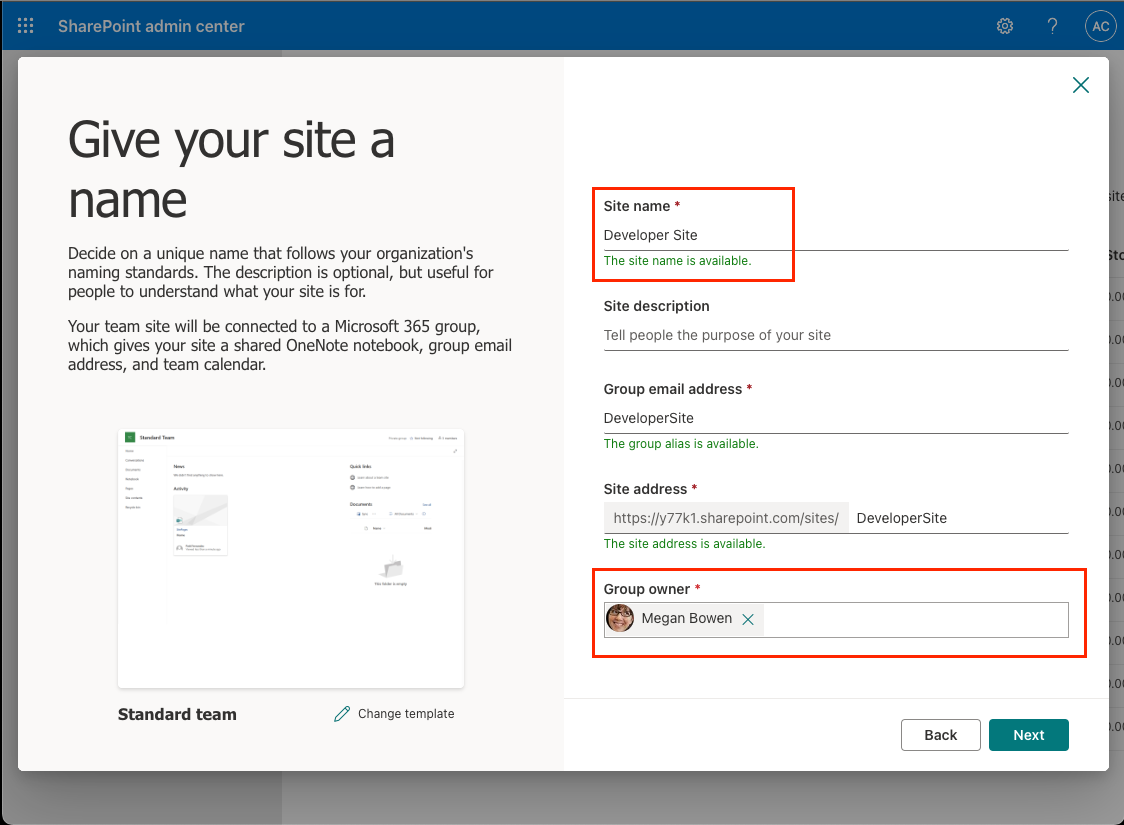 Screenshot of the Give you site a name panel.