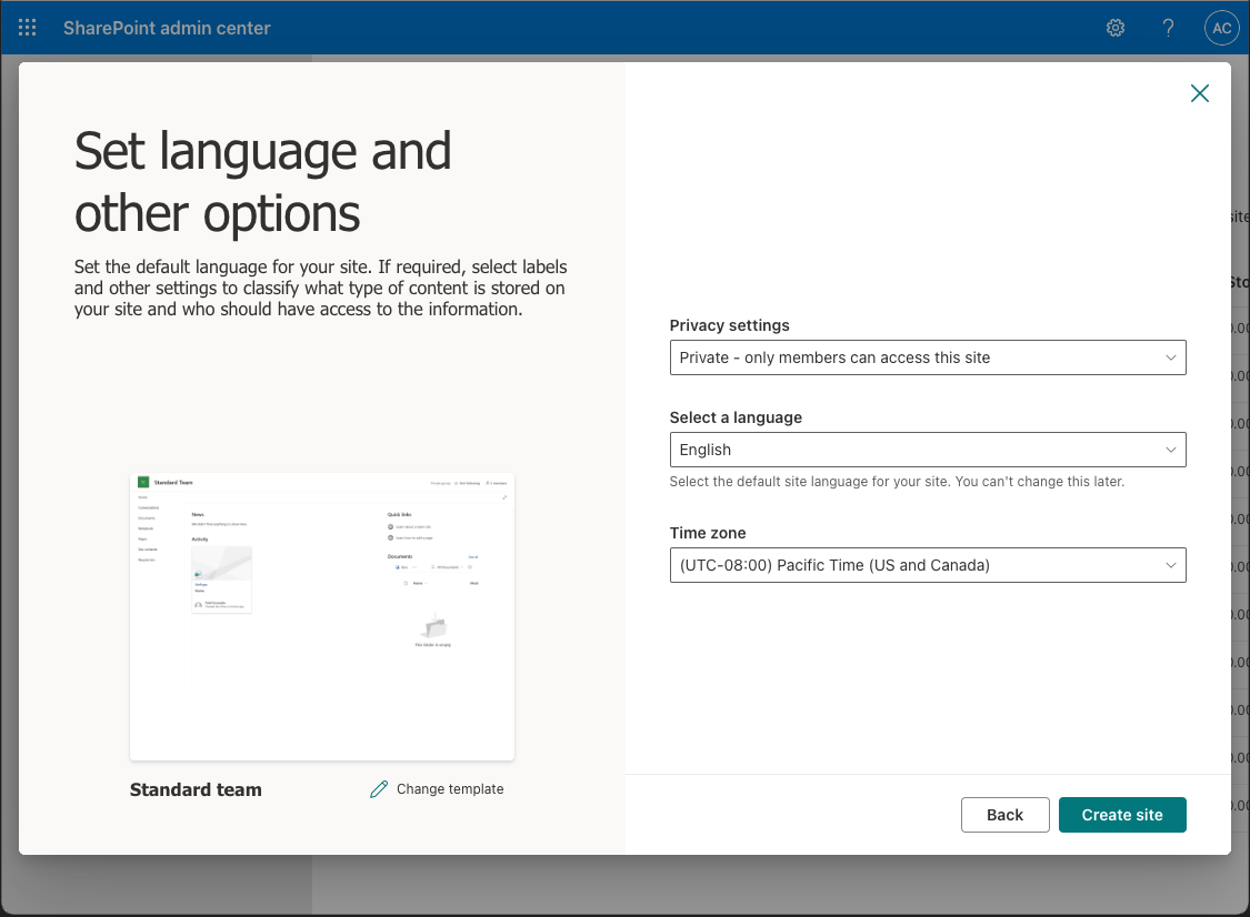 Screenshot of the Set language and other options panel.