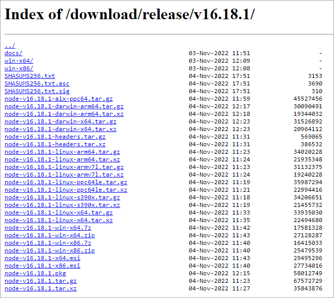 Screenshot of the Node.js 16.x page.