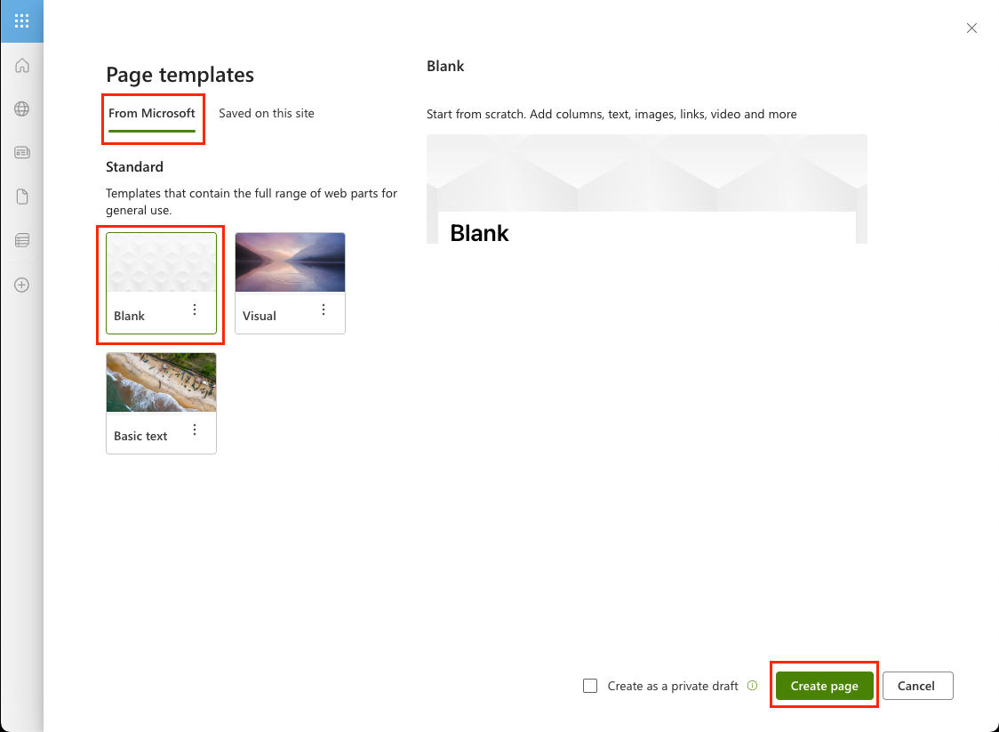 Screenshot of the Page templates panel.