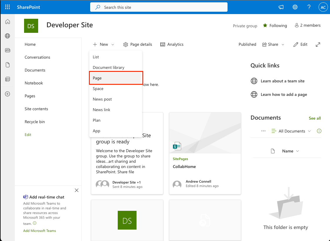 Screenshot of creating a new modern site page in the Pages library.
