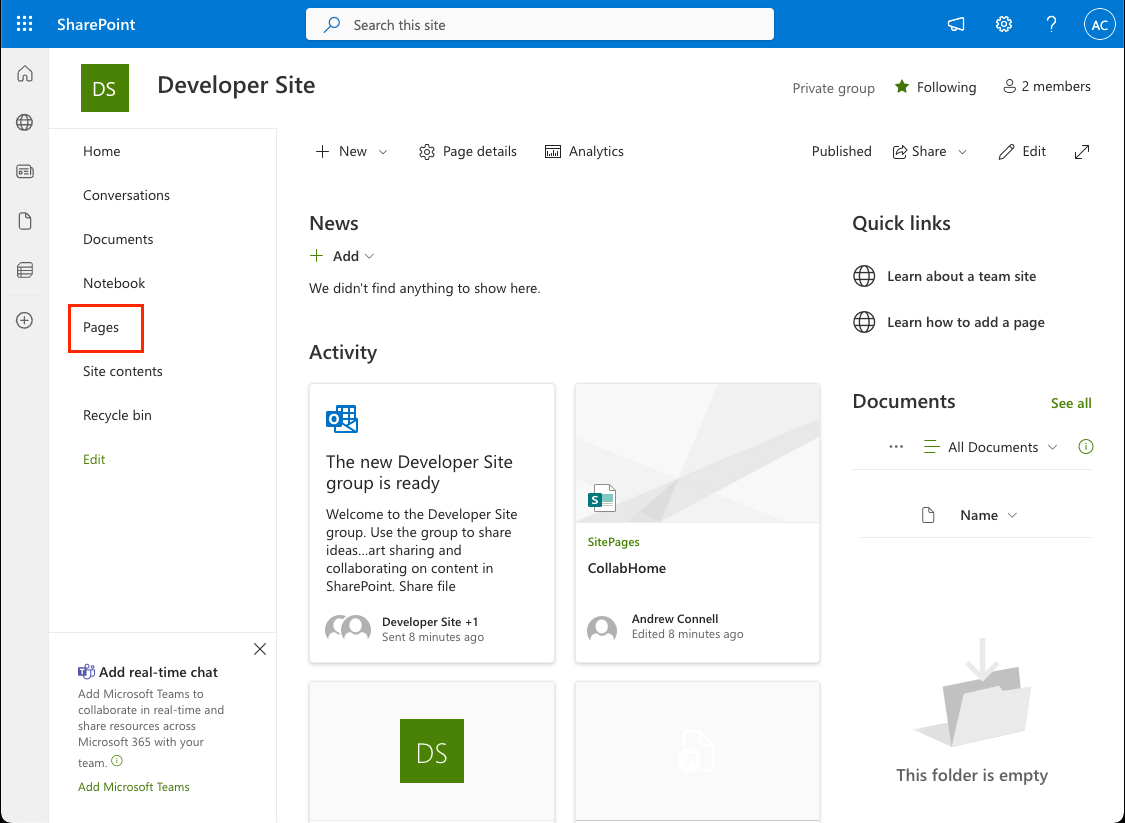 Screenshot of the SharePoint site's Quick Launch navigation with the Pages library highlighted.