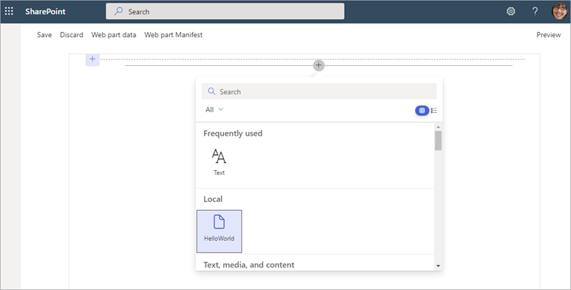 Screenshot of adding the HelloWorld web part.