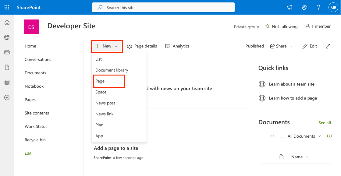 Screenshot of the SharePoint Online Pages library.