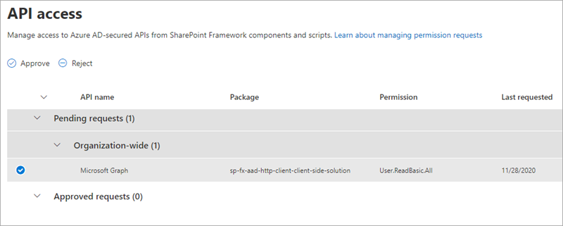 Screenshot of the SharePoint Online admin portal API Management page.