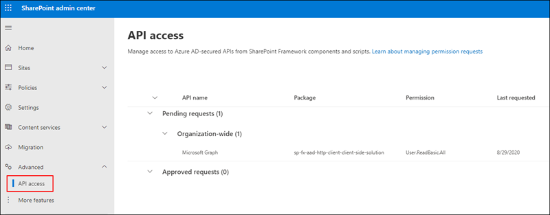 Screenshot of the API management page in the SharePoint Admin Center.