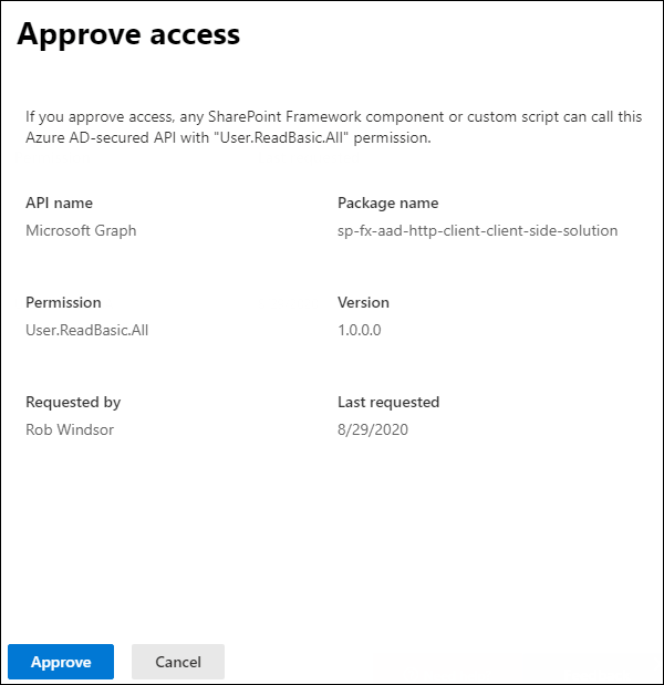 Screenshot of the API management page in the SharePoint Admin Center - Approve/Decline access request dialog.