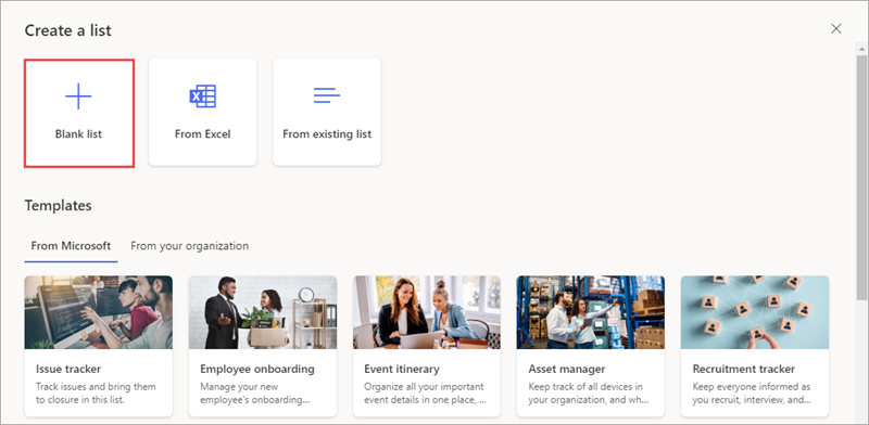 Screenshot showing the Create a list form - Selecting Blank template.