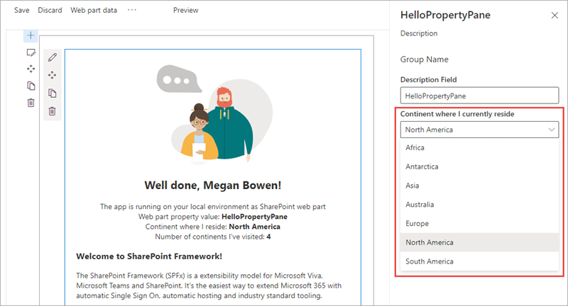 Screenshot of custom property pane field control selector.