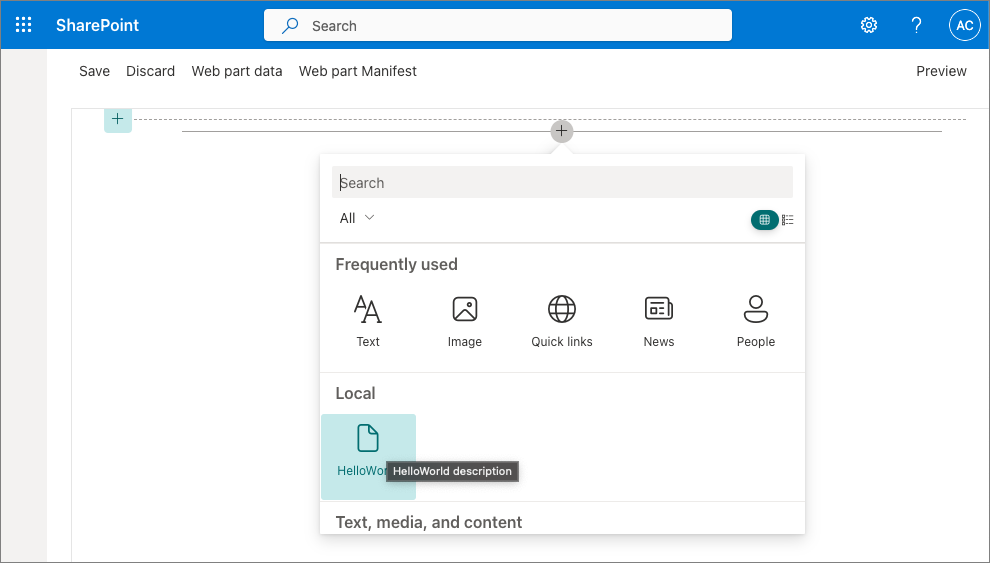 Screenshot of adding the HelloWorld web part.