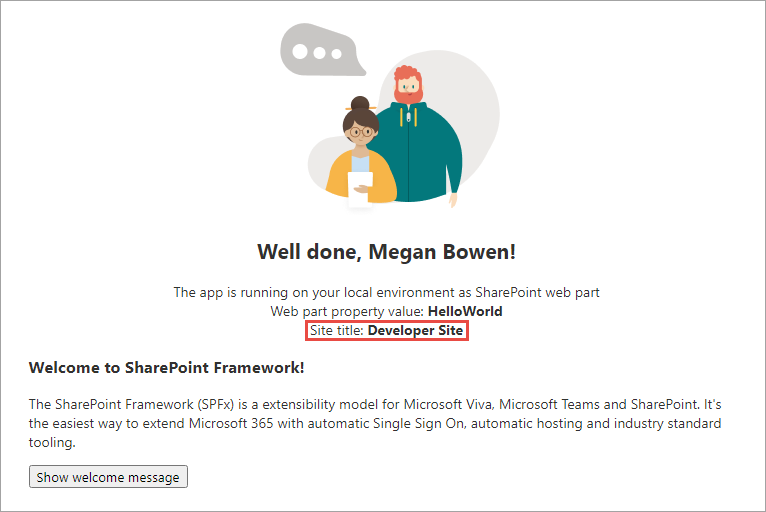 Screenshot of the SharePoint workbench - Developer site.