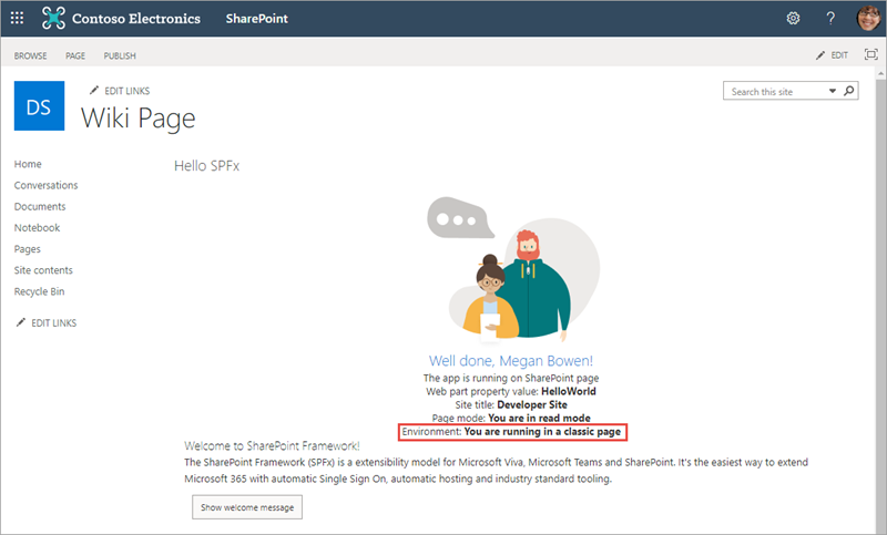 Screenshot of the web part running in a classic page.