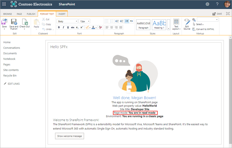 Figure showing classic page that is in edit mode but the web part isn't in edit mode.