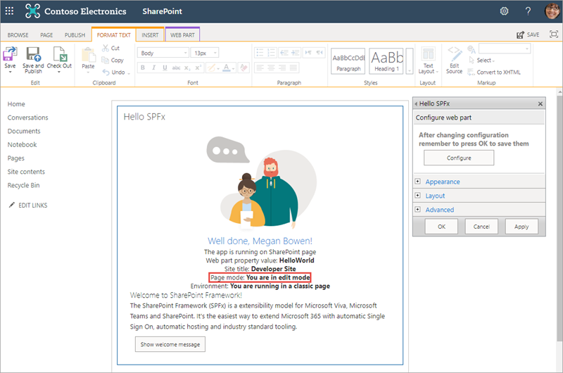 Figure showing classic page where both the page and the web part are in edit mode.