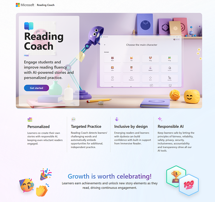 Screenshot of the Reading Coach home page with a 'Start reading' button.