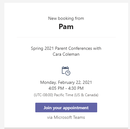 Screenshot of new Bookings appointment email notification.
