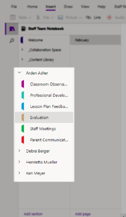 Screenshot of Staff Notebook: Private Staff Member Sections.
