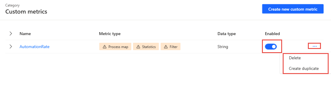 Screenshot of the available actions for exiting metrics.