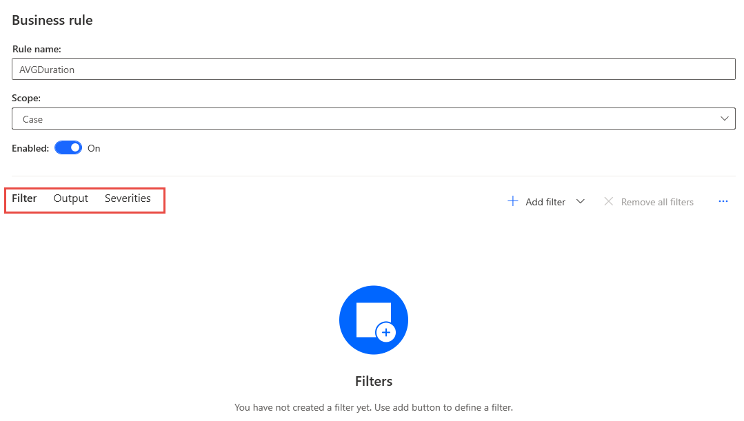 Screenshot of the create Business rule dialog with a red rectangle around the tabs.