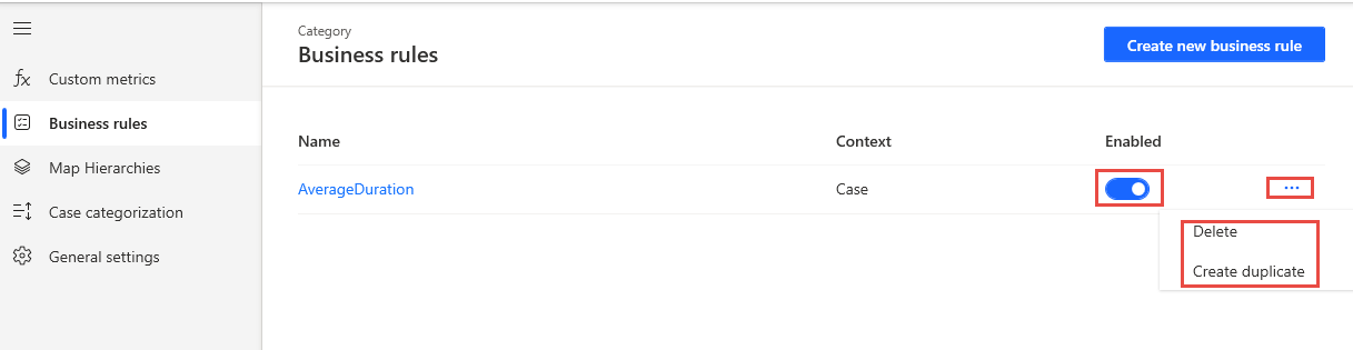 Screenshot of the business rule context menu.