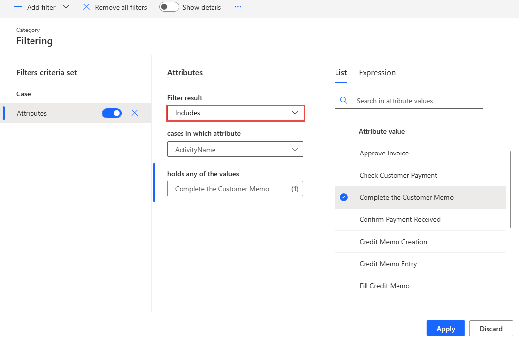 Screenshot of the Filter result set to Includes.