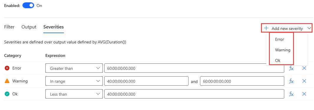 Screenshot of the Add new severity options.