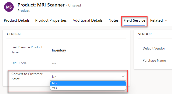 Screenshot of the Field Service tab on the Product form.