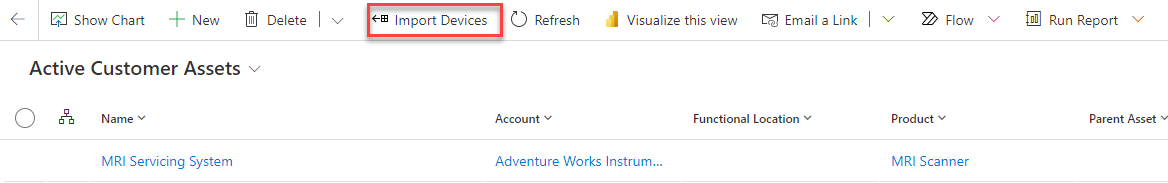 Screenshot of a customer assets view with the Import Devices button.