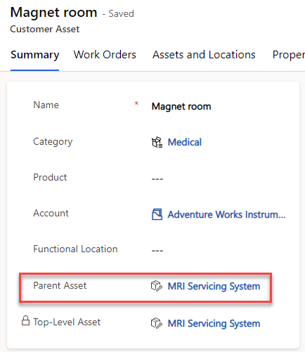 Screenshot of the Parent Asset field on the Customer Asset form.