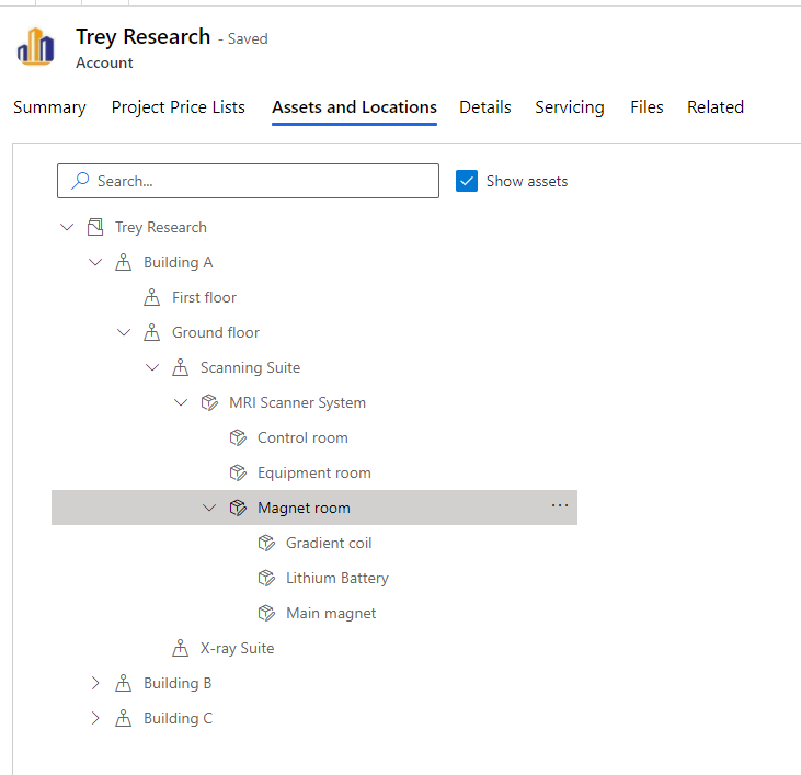 Screenshot of the Assets and Locations tab, showing functional locations and an asset tree.