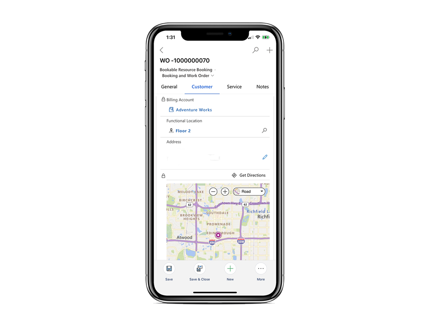 Screenshot of a work order and functional location in the Field Service mobile app.