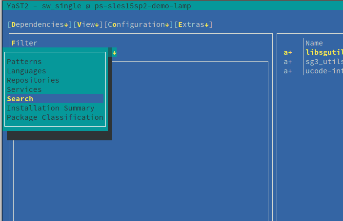 Screenshot of YaST Control Center showing Search highlighted in the filter menu.