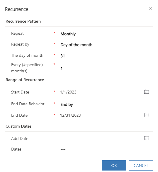 Screenshot of a monthly recurrence pattern.