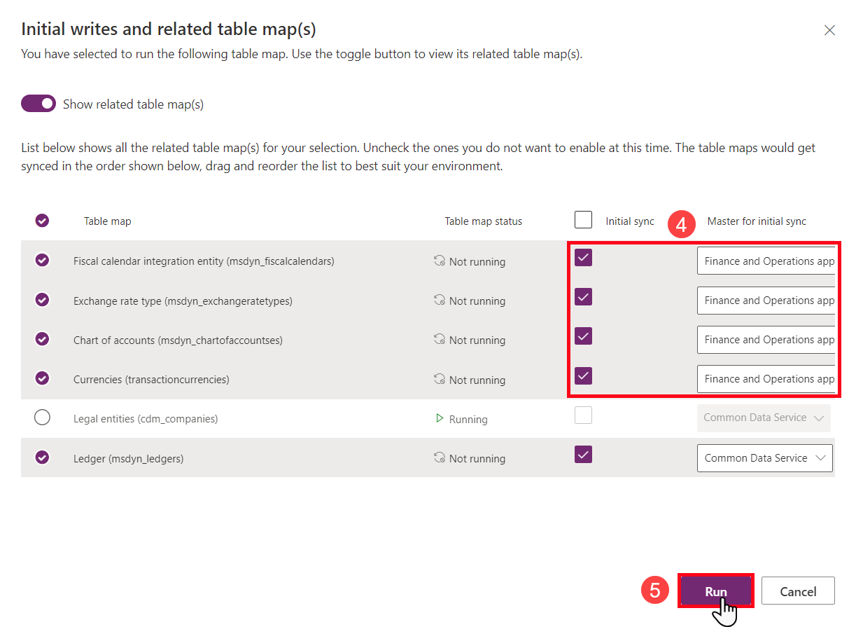 Screenshot of Initial writes and related table maps with prerequisites initial sync highlighted.