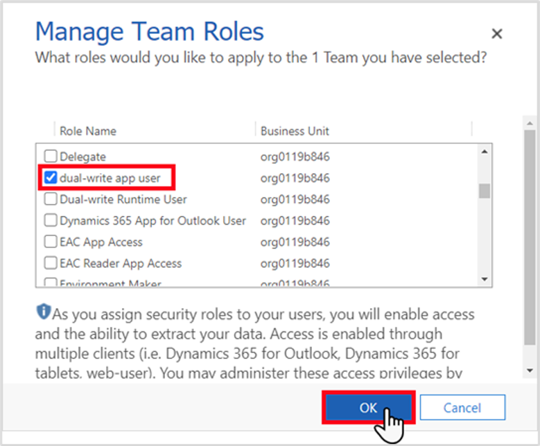 Screenshot of the Manage Team Roles dialog with dual-write app user selected.