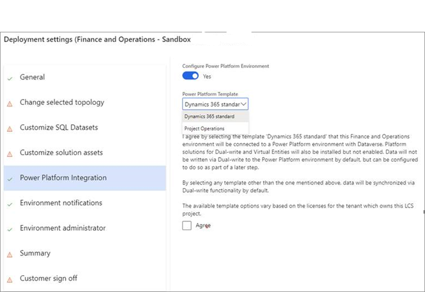 Screenshot of the Deployment settings (finance and operations) Sandbox with the Power Platform Template set to Dynamics 365 standard.