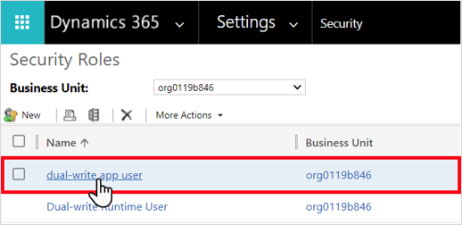 Screenshot of the Dynamics 365 Security Roles page with the dual-write app user selected.