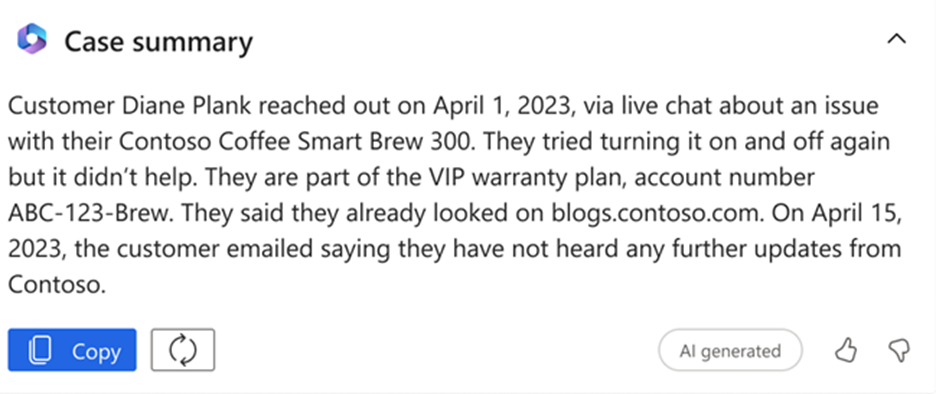 Screenshot of a Copilot-generated case summary in Dynamics 365 Customer Service displaying an AI-generated narrative about a customer's product issue, contact history, and warranty details.